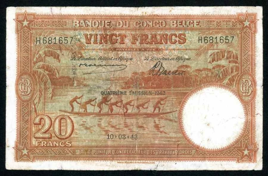 1943 Bank of Belgian Congo Twenty Francs Banknote Pick Number 15C VG++ - Image 2 of 3