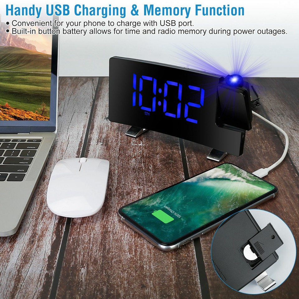 7.7In Digital Dual Alarm Clock Radio LED Display Snooze Wall/Ceiling ...