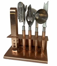 Godinger 6 Piece Hammered Copper Finish Bar Set Tools Strainer Tongs Opener Etc