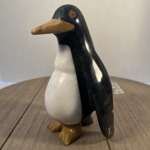 "Pingüino único tallado en mármol de ónix blanco negro 6"" de alto 4"" de ancho, peso pesado 2 libras" - Imagen 4 de 14