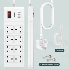 Extension Lead 3M, 8 Gang Plug Extension with USB(3 x 3.1A),Multi Plug Socket 