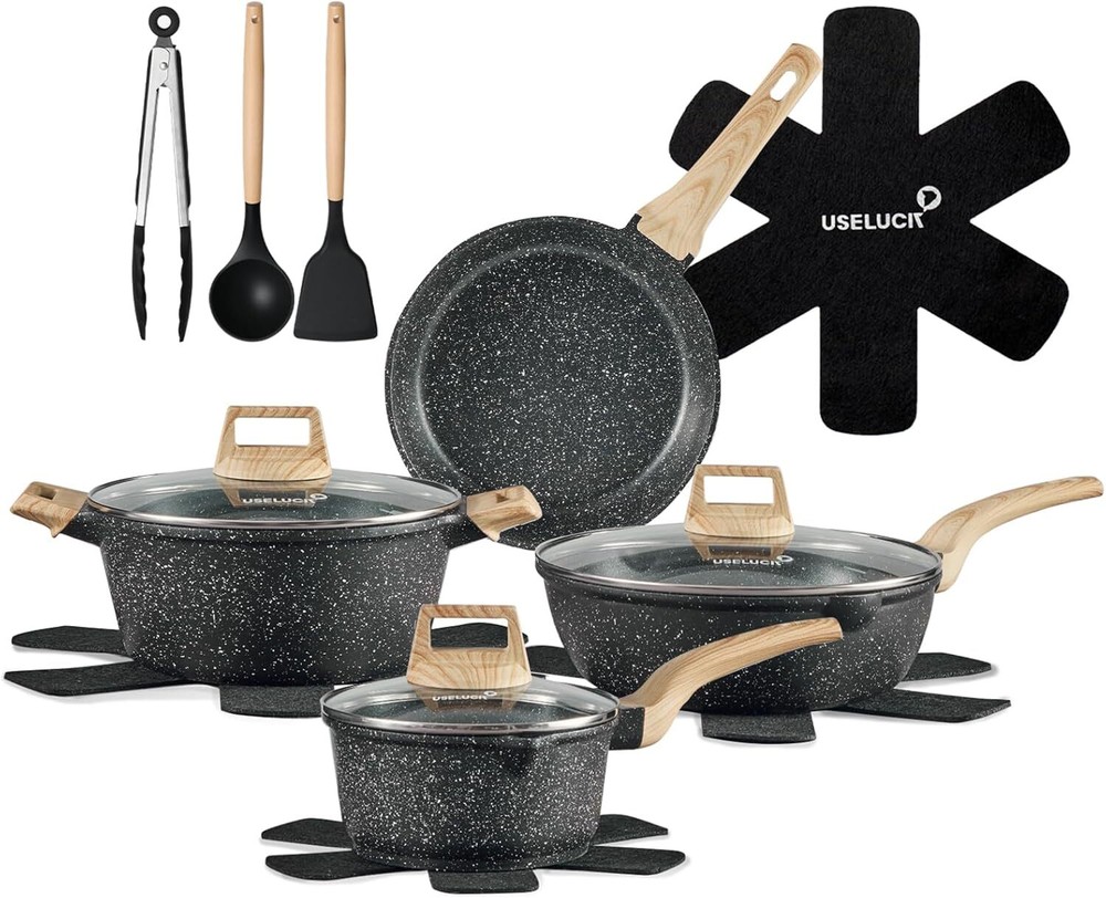14 Pcs pots and pans set non stick, Black Granite Induction Kitchen Cookware Set