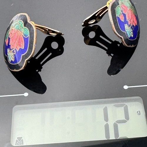 Cloisonne Emaille Ohrringe Lotusblume & Schmetterling Vintage Clip-On - Bild 4 von 9