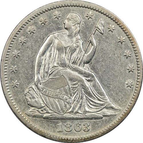 1863 Seated Liberty Half Dollar 50C, About Unc AU, Cleaned & Scratched
