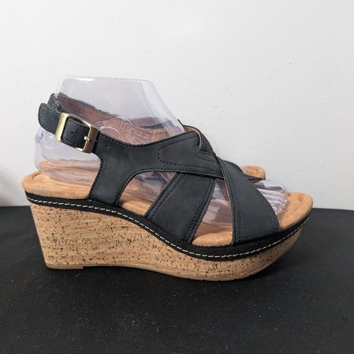 Clarks Wedge Sandals Elleri Rae Black Kork Criss Cross Women's Sz 7 - Picture 3 of 12