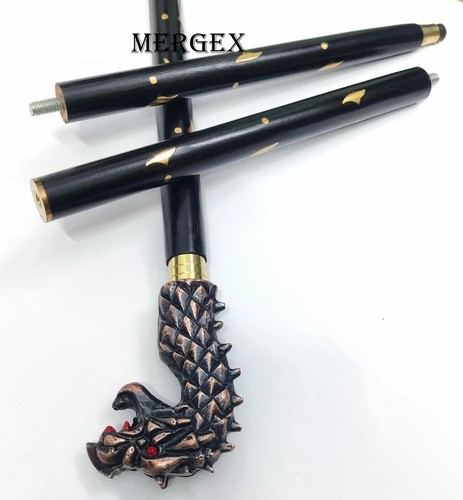 Handmade Walking Stick Carved Wood Cane With Dragon Handle Black Wooden Stick - Picture 2 of 8