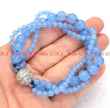 Natural 4-8mm Round Blue Jade Beads Handmade Magnetic Clasp Bracelet 7.5"