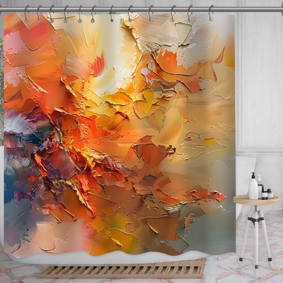 Burnt Orange Shower Curtain Abstract Oil Painting Modern Art Yellow Blue Brus...