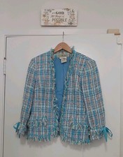 Carlisle Vintage 100 Silk Blue Tweed Blazer W/Fringe And Ribbon Detail