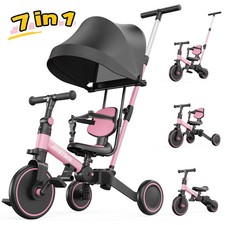 Joystone JS1063 7 in 1 Folding Kid's Tricycle with Adjustable Canopy, Pink
