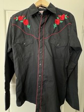 Ely Diamond American Rose Western Shirt Mens M Black Red Floral Snap Front