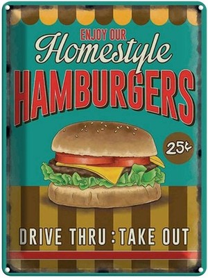 Blechschild 40x30 cm Essen Hamburgers enjoy our Homestyle Deko Geschenk Metall S