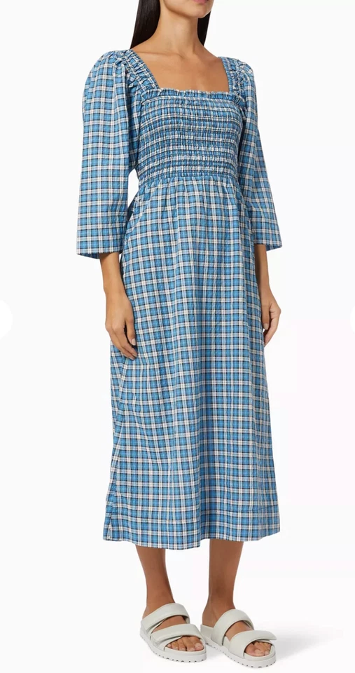 Vestido midi a cuadros GANNI Seersucker talla 34/XS azul algodón campo Foto 2 de 4