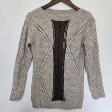 Women's Size Medium Beige Brown Wool Blend Cable Knit Boat Neck Sweater Sequins