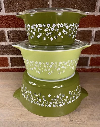Vtg Set Pyrex Spring Blossom Crazy Daisy Green Casserole 473-B 474-B & 475-B
