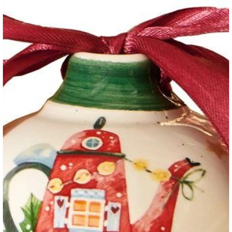 Palla di Natale Ceramica BRANDANI Teiera Decorazione Albero 10 cm Fiocco Raso, fotografia 8 di 9