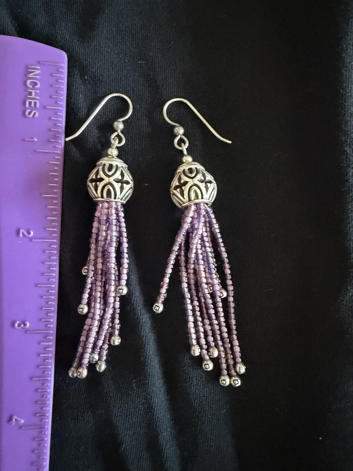 Pendientes Brighton Boho Raíces Borla Púrpura Cuentas de Lluvia Cuelgan Placa Plata Foto 4 de 4