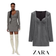 Zara women’s short fitted dress gray color pad shoulder SZ S NEW