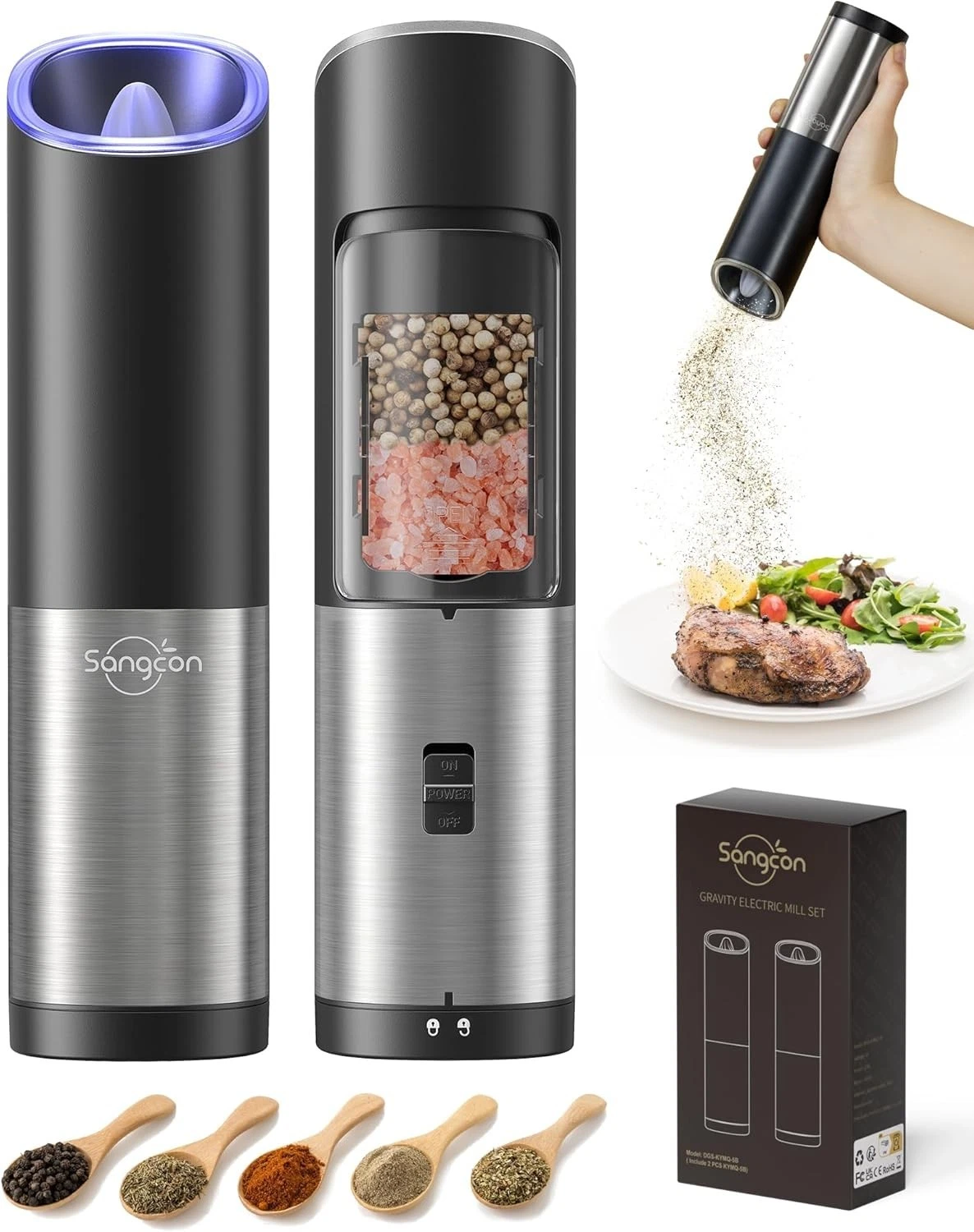 Sangcon Electric Salt and Pepper Mill Set, Automatic Gravity Sensor, Ceramic Gri