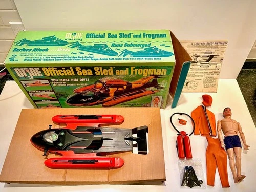 Complete 1966 GI JOE Official Sea Sled and Frogman Set 8050 with GI Joe and Box