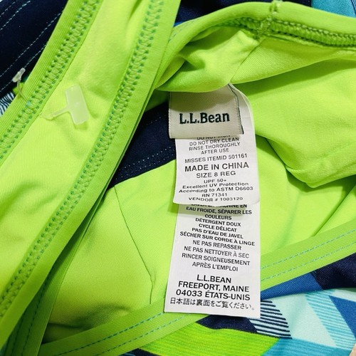 Costume da bagno LL Bean taglia 8 blu navy verde racerback geometrico sportivo nuovo senza etichette - Foto 11 di 13