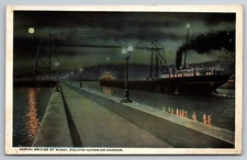 Cargo Ship Great Lakes Aerial Bridge Night Duluth Superior MI C1910 Postcard J14