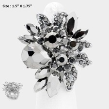 Oversized Statement Cocktail Ring Crystal Rhinestone Flower Stretch Hematite
