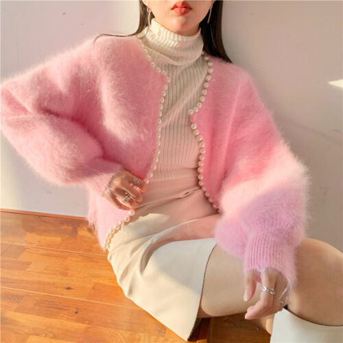 Cardigan Maglione Donna Outerwear Cappotto Top Finta Pelliccia Mohair Soffici Perline Nuovo - Foto 24 di 29
