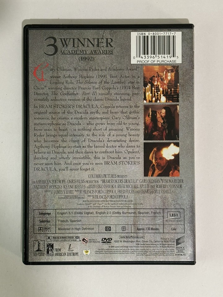 Bram Stokers Dracula DVD 1997 Gary Oldman, Keanu Reeves Winona Ryder NM