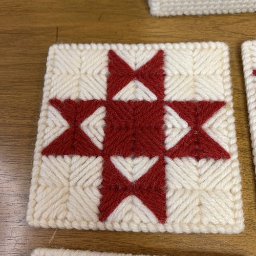 Set of 6 Coasters Handmade Plastic Mesh Canvas Red Blue White Yarn Quilt Block - Picture 6 of 12
