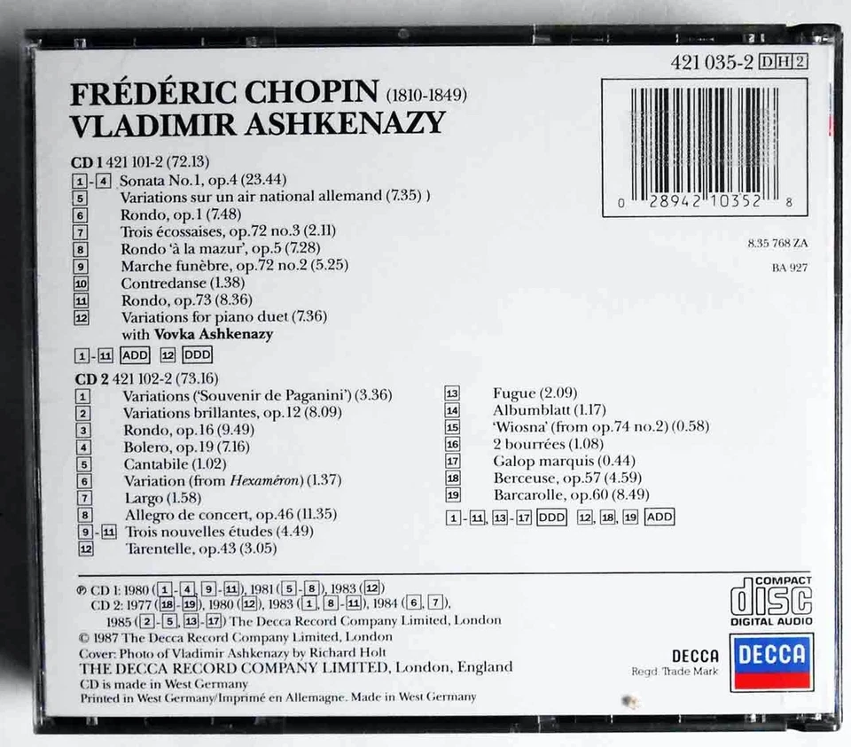 2CD Box Vladimir Ashkenazy: Chopin (Decca) 1987 - Bild 2 von 2