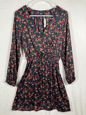 Gap Black Floral Wrap Dress Petite Size XS V-Neck Long Sleeve Elastic Waist  NEW | eBay
