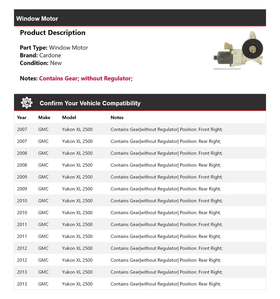 Для 2007-2013 GMC Yukon XL 2500 окно мотор Cardone 2008 2009 2010 2011 2012 - Изображение 2 из 4