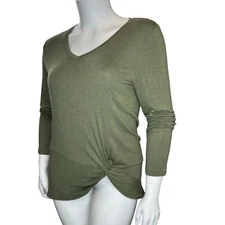 CABI 3623 Size L Reveal Tee Army Green Twisted Knot Hem Long Sleeves Soft Knit