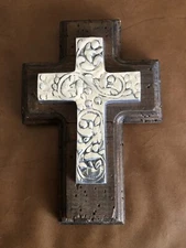 Vintage Holland Boone Pewter Cross On Wood