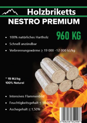 Premium Holzbriketts NESTRO Hartholz Briketts Brennholz 10kg x 96 960kg Palette