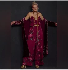 NEW FREE PEOPLE x ANNA SUI POPPY EMBROIDERED SET CROPPED TOP WIDE LEG PANTS SZ 2