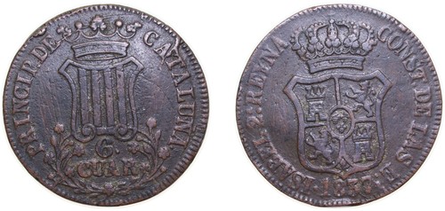 Spain 1837 6 Cuartos Copper VF