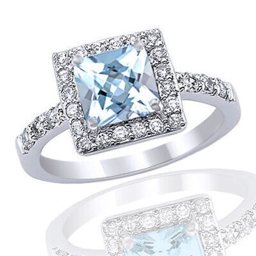 Princess- Simulated Diamond Birthstone Aquamarine .925 Sterling Halo Ring