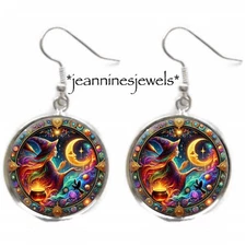 Witch Crescent Moon Earrings FAUX Stained Glass Silver Dangle HALLOWEEN Gift