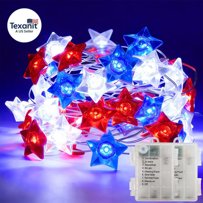 2 Pack 4Th of July String Lights, 16FT 50LED Red White and Blue Patriotic Star L