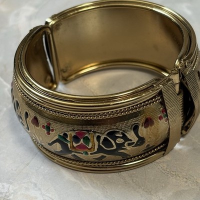 Vintage Enamel Elephant Cuff Bracelet Gold Tone Brass Hinged India Style