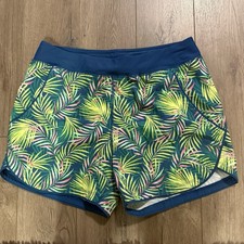 Lands' End Women's Swim Shorts Blue Green Tropical Print Pockets Stretch Sz 14