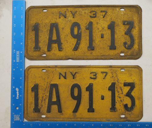 New York NY License Plate Pair Set 1937 37 1A 91-13 9113