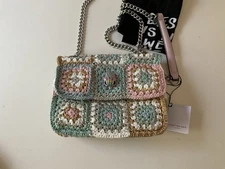 NWT Kurt Geiger Crochet Pastel Checkered Square Metallic Thread Chain Bag Purse