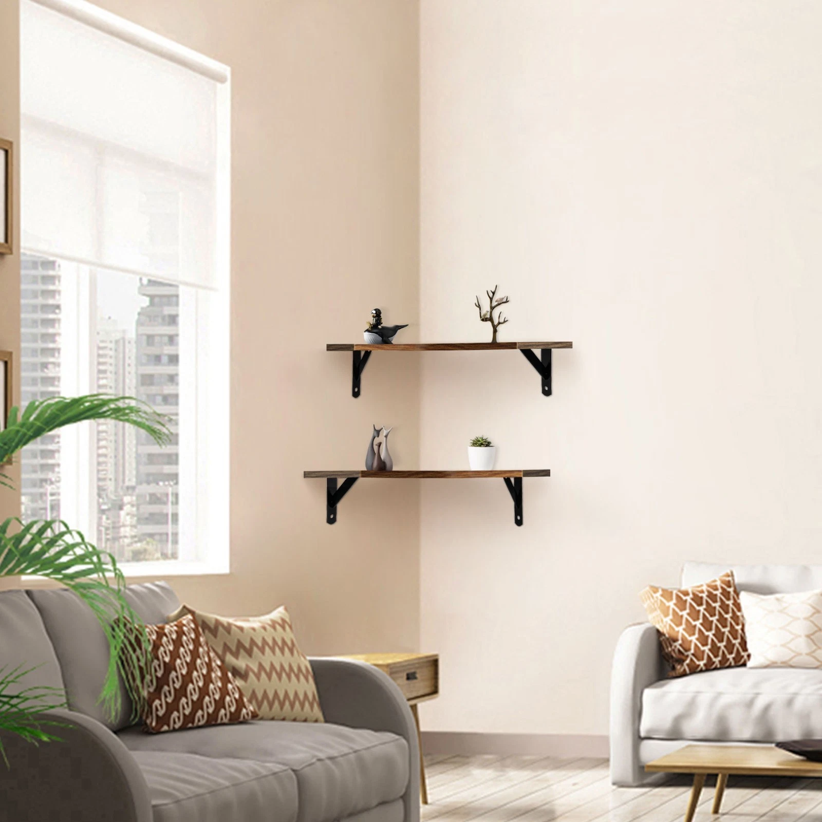 4 Pack Rustic Wood Floating Wall Shelves Corner & Straight Wall Mounted Shelves