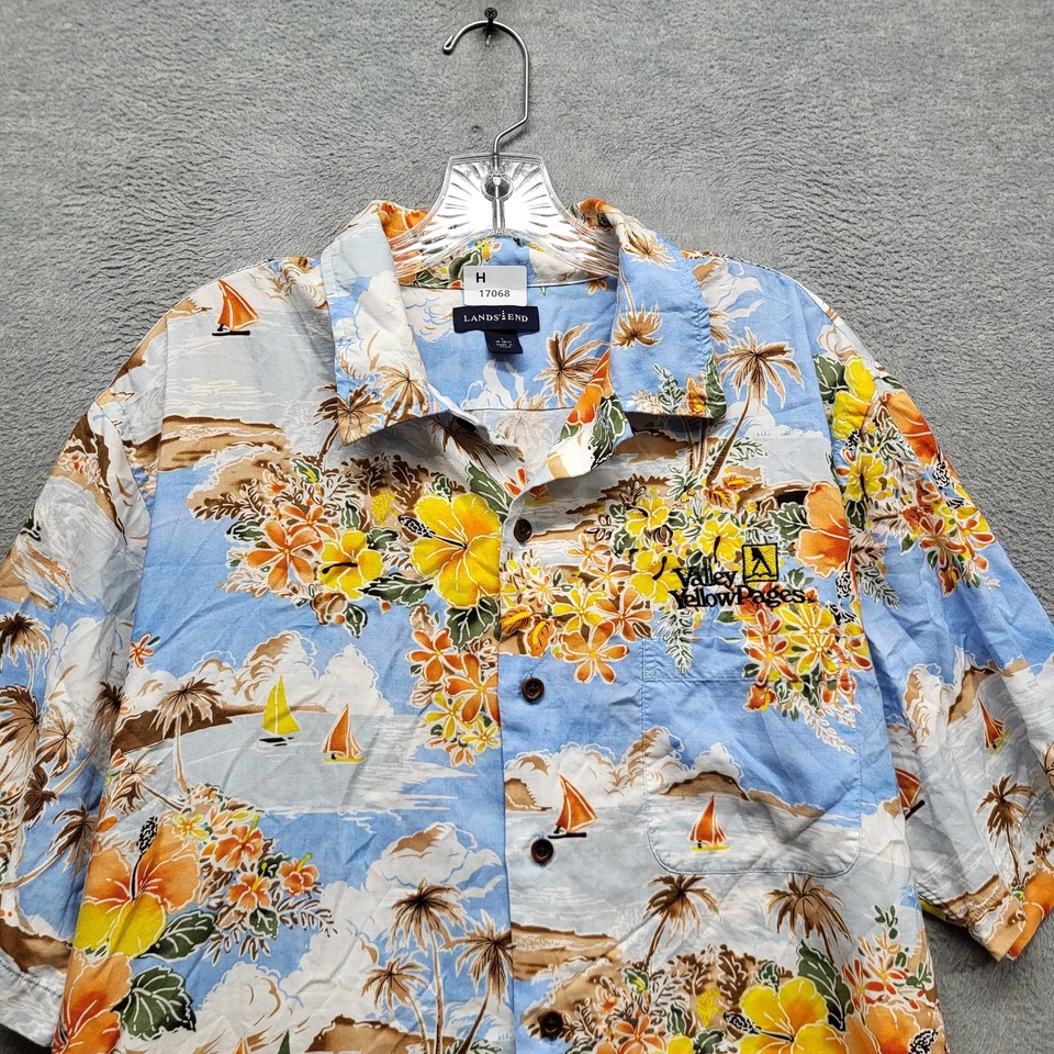 Lands' End Men Button Up Shirt L (16-16 1/2) Blue Floral Hawaiian Shirt - Image 4 of 4
