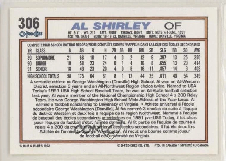 1992 O-Pee-Chee Al Shirley #306 Rookie RC - Image 2 of 2