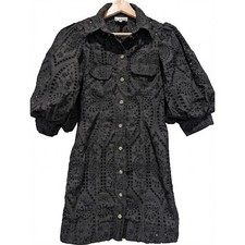 Ganni Black Cotton Eyelet Broderie Anglaise Puff Sleeve Mini Dress Size 34