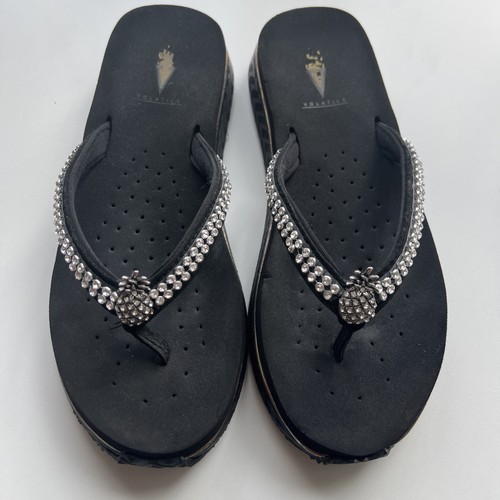 Volatile Y2K Black Wedge Sandals Rhinestones Platform Flip Flops Size 8